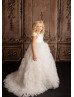 Cap Sleeves Ivory Lace Tulle Ruffled Stunning Flower Girl Dress